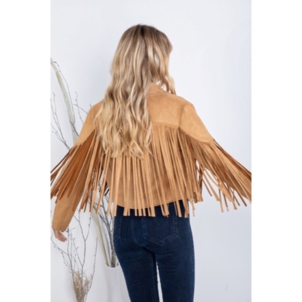 SOLD OUT Camel Faux Leather Suede Fringe Cropped Western Boho Moto Jacket - Picture 9 of 13